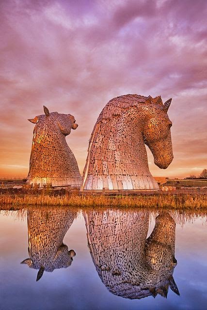 The Kelpies - two 30 meter tall horse head sculptures in Scotland